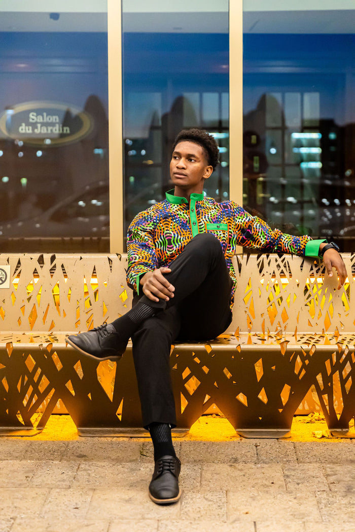 Kamsey Men's African Shirt in Wavy Pattern, Multicolored Print