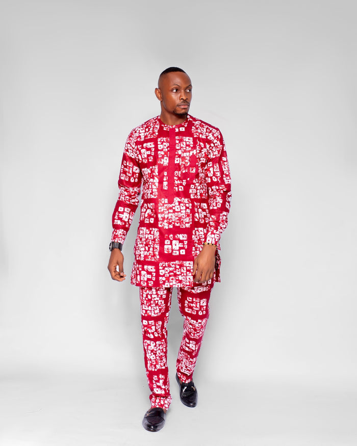 Keneh Men's African Print Co-ord set, (in Wine, Red White Ankara)
