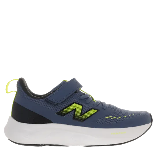 Blue and green sneaker with a white sole on a white background