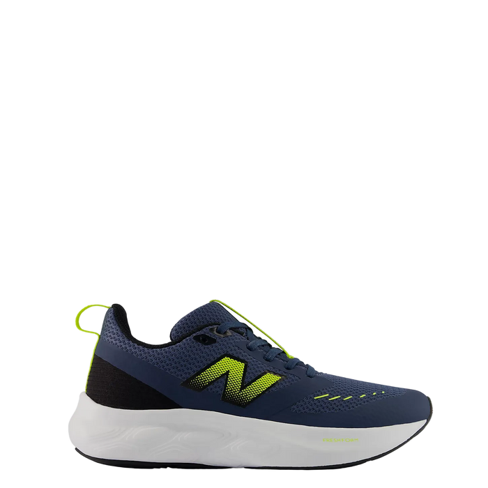 A single New Balance running shoe in navy blue with a bright neon yellow-green 'N' logo, black heel accent, and white midsole, shown against a light gray background.