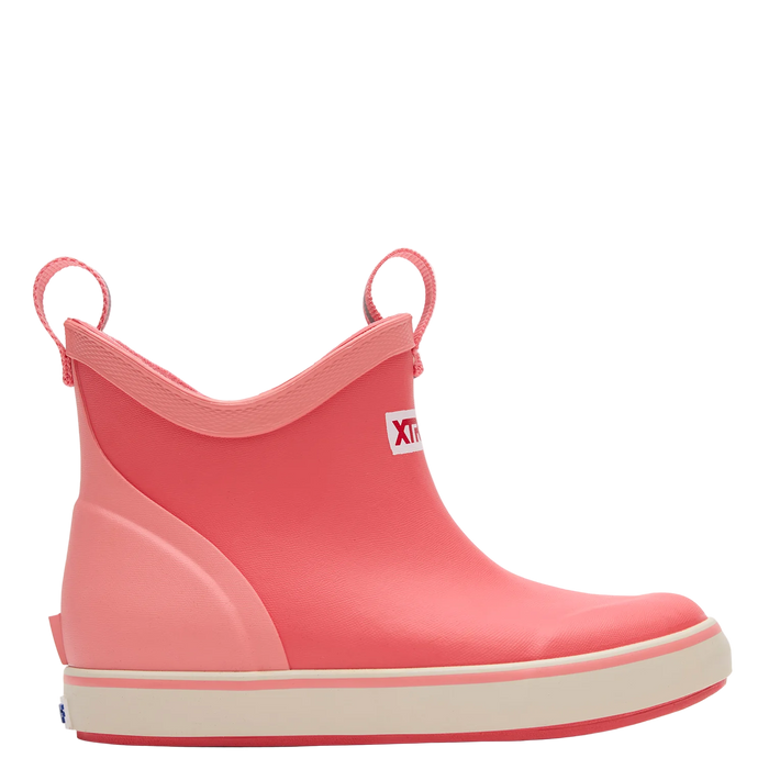 Pink rain boot with white sole on a white background
