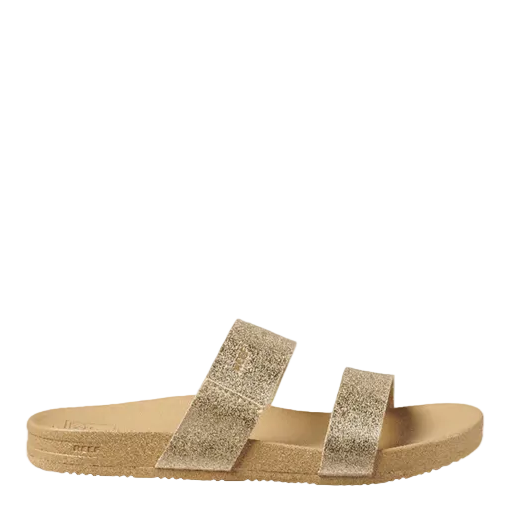 Gold slide sandal with glittery straps on a white background