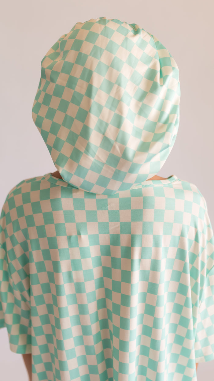 Kid's Satin Bonnet in Teal Neon Checkered