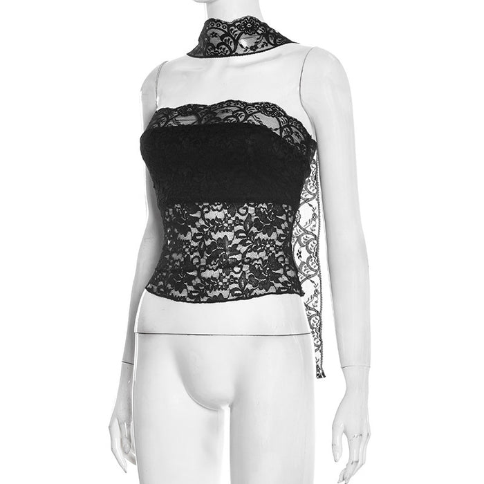 Lasso Lace Tube Top With Lace Stole - Black