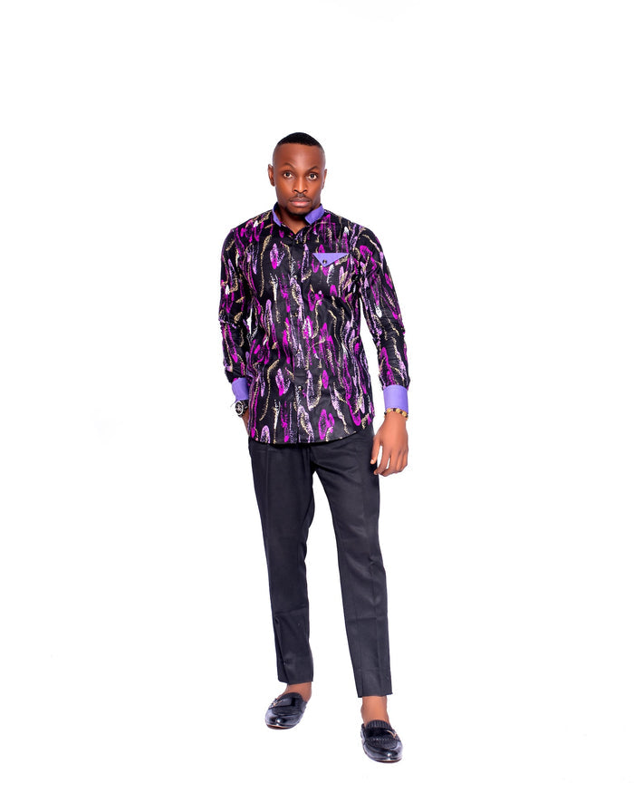 Leke Men's African Shirt (in Purple Patterned Ankara African Print)