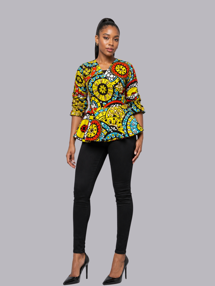 Lolo Women's African Shirt in Colorful Print, (Wrap Shirt, Adjustable Sleeve)