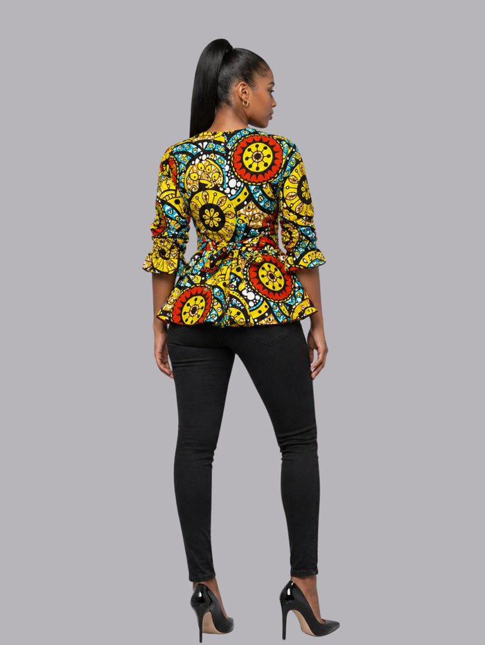 Lolo Women's African Shirt in Colorful Print, (Wrap Shirt, Adjustable Sleeve)