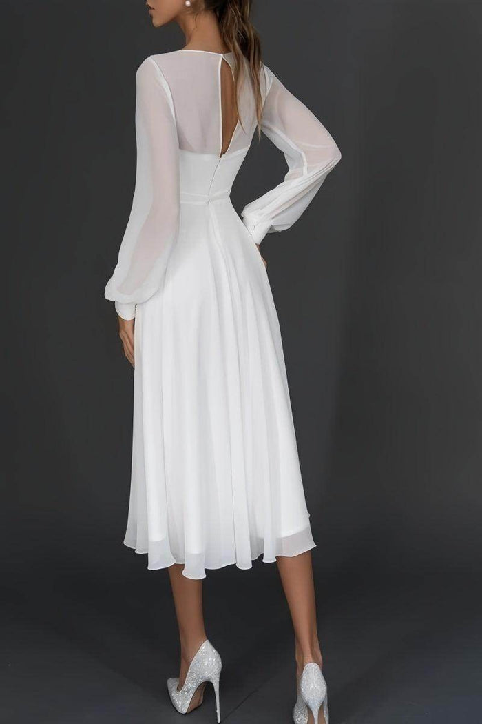 Long Sleeve Chiffon Tea-Length Little White Dress CW3385 - COCOMELODY
