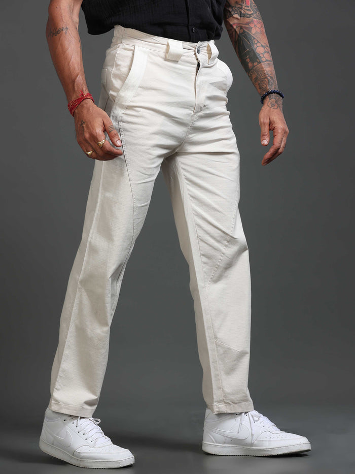 Cream Stretchable Pants for Men detail view - Lucent Straight Fit Trouser by Italian Colony
