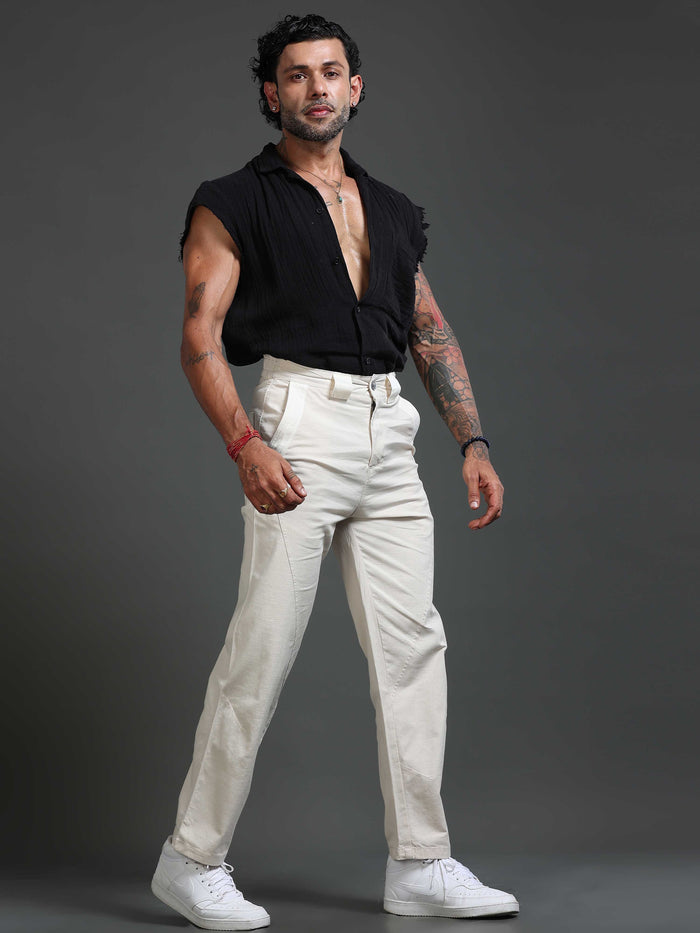 Cream Stretchable Pants for Men detail view - Lucent Straight Fit Trouser by Italian Colony