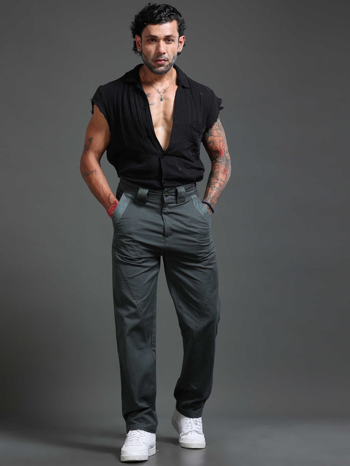 Sage Green Stretchable Pants for Men detail view - Lucent Straight Fit Trouser by Italian Colony