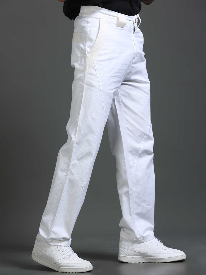 White Cotton Pants for Men detail view - Lucent Straight Fit Trouser by Italian Colony