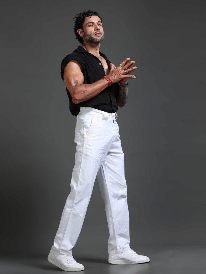 White Cotton Pants for Men detail view - Lucent Straight Fit Trouser by Italian Colony