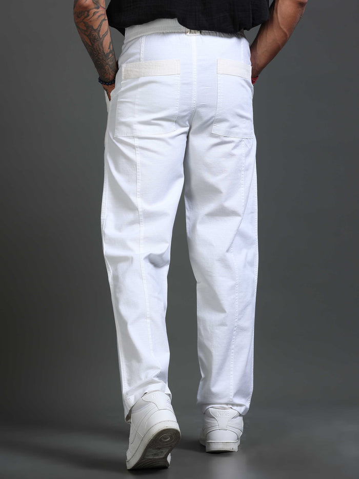White Cotton Pants for Men detail view - Lucent Straight Fit Trouser by Italian Colony