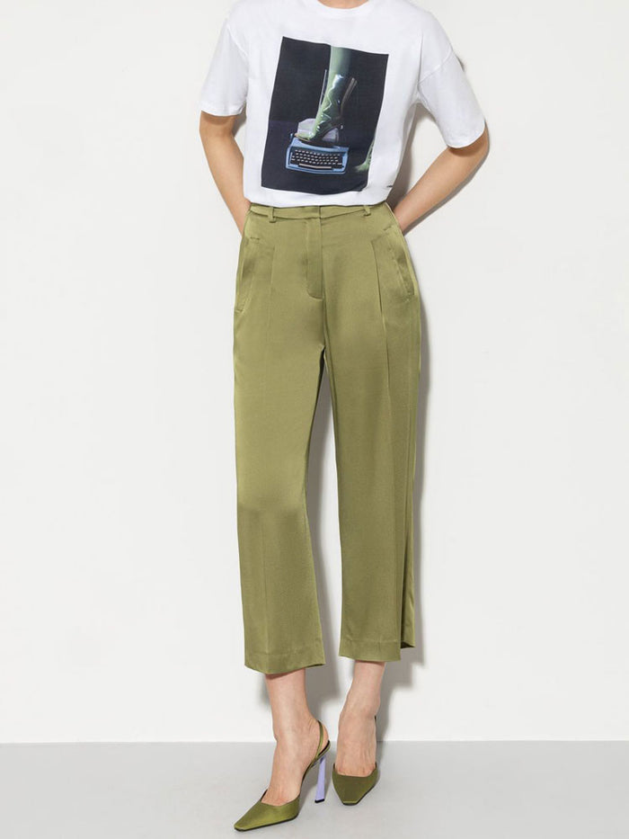 Luisa Cerano Satin Wide Leg Trousers Moss Green
