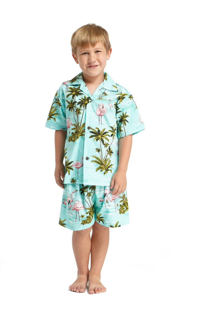 Made in Hawaii Boy Cabana Set Flamingo All Over Turquoise
