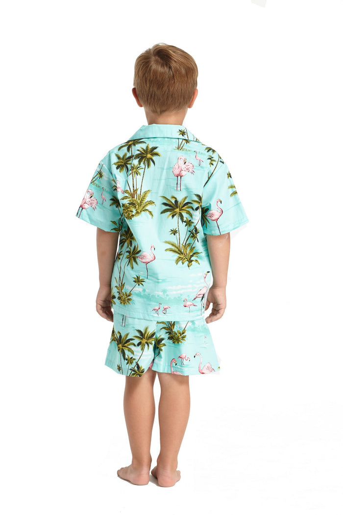 Made in Hawaii Boy Cabana Set Flamingo All Over Turquoise