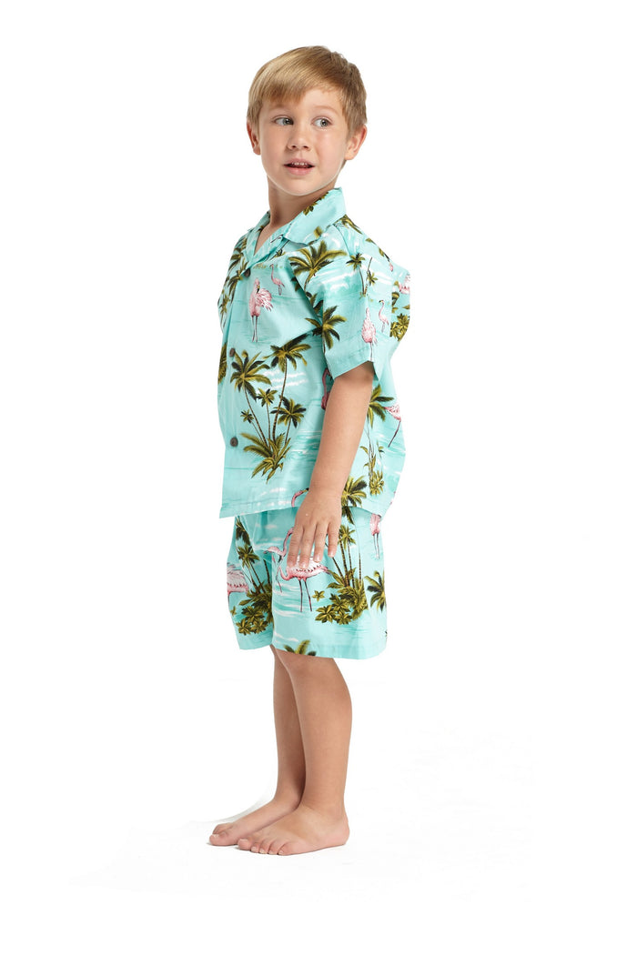 Made in Hawaii Boy Cabana Set Flamingo All Over Turquoise