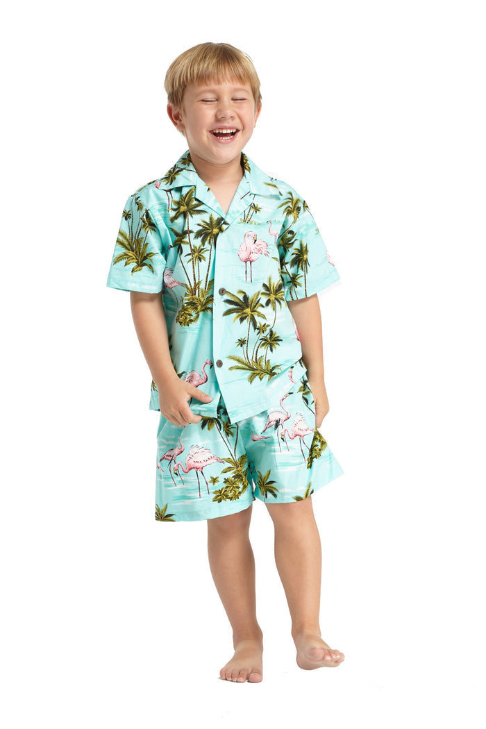 Made in Hawaii Boy Cabana Set Flamingo All Over Turquoise