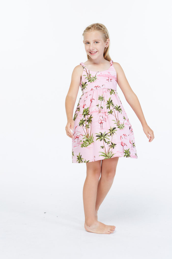 Made in Hawaii Girl Elastic Strap Dress in Flamingo All Over Pink