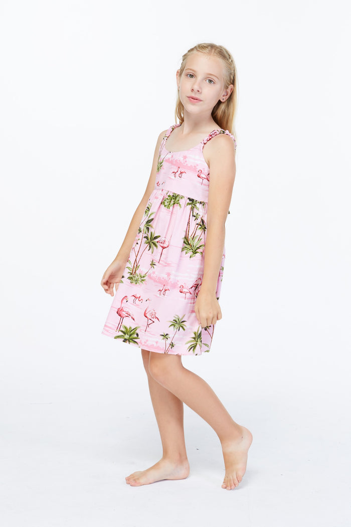 Made in Hawaii Girl Elastic Strap Dress in Flamingo All Over Pink