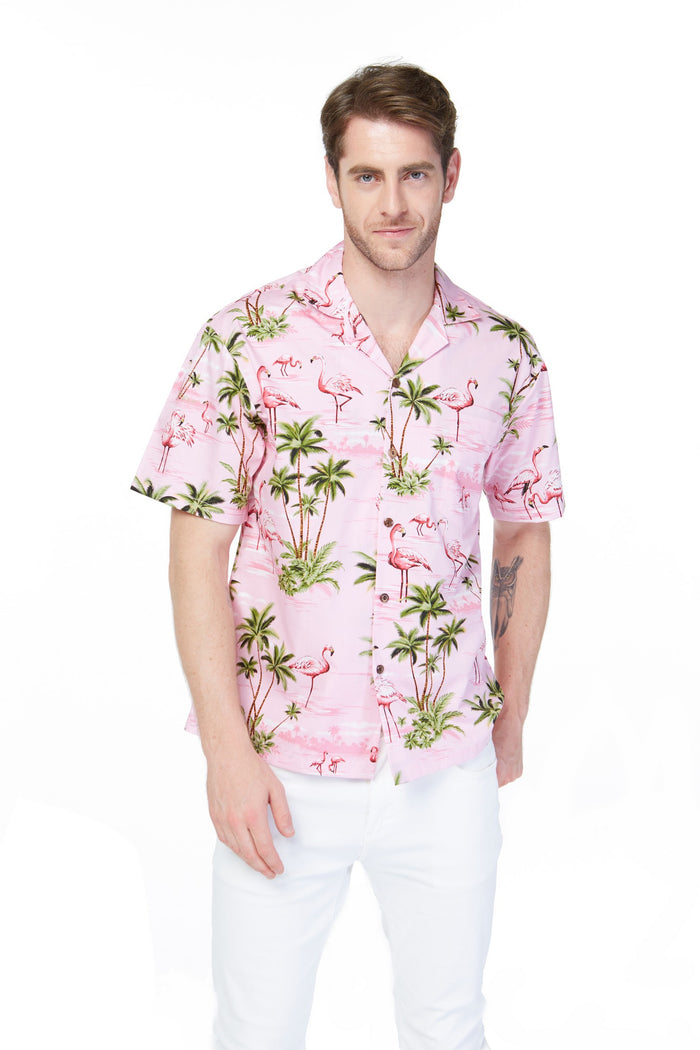 Made in Hawaii Men's Aloha Shirt Flamingo All Over Pink