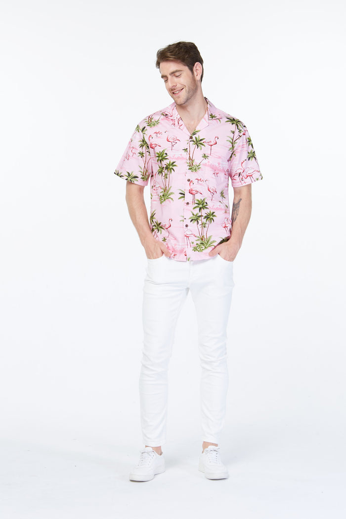 Made in Hawaii Men's Aloha Shirt Flamingo All Over Pink