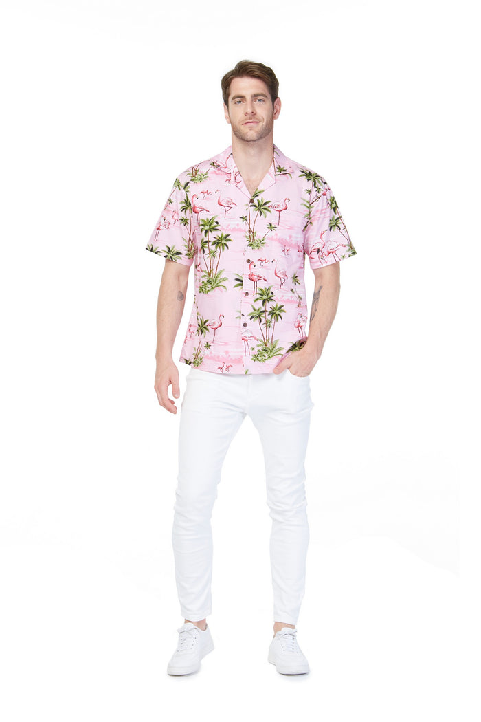 Made in Hawaii Men's Aloha Shirt Flamingo All Over Pink