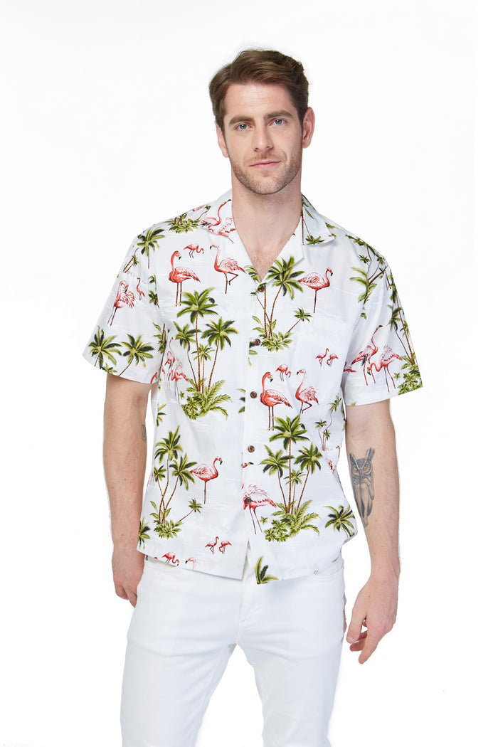 Made in Hawaii Men's Aloha Shirt Flamingo All Over White