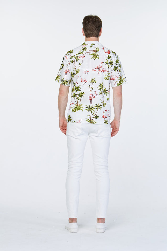 Made in Hawaii Men's Aloha Shirt Flamingo All Over White