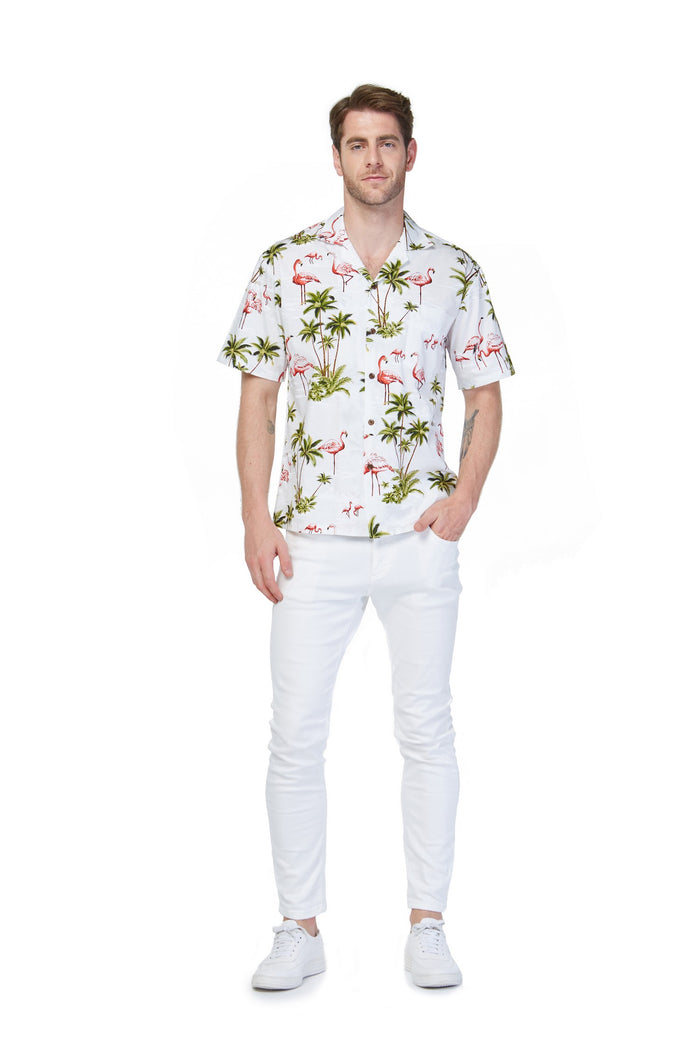 Made in Hawaii Men's Aloha Shirt Flamingo All Over White