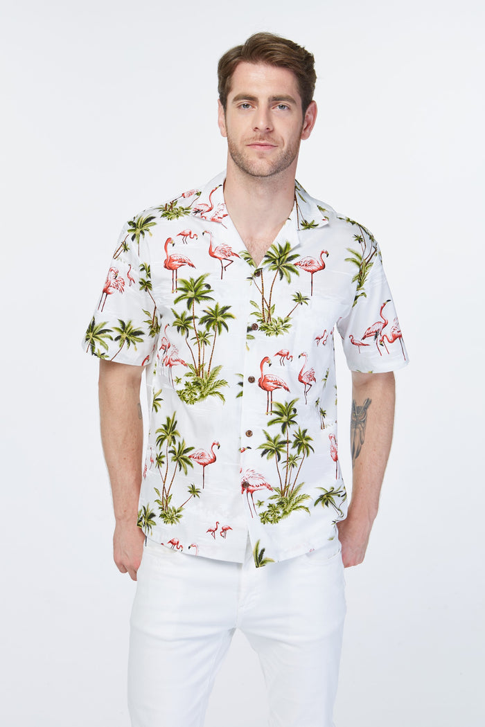 Made in Hawaii Men's Aloha Shirt Flamingo All Over White
