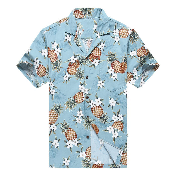 Made in Hawaii Men's Aloha Shirt Golden Pineapple in Vintage Blue