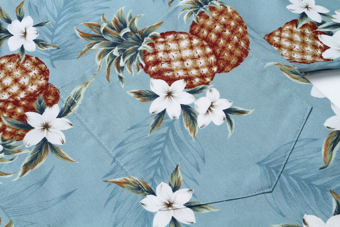 Made in Hawaii Men's Aloha Shirt Golden Pineapple in Vintage Blue