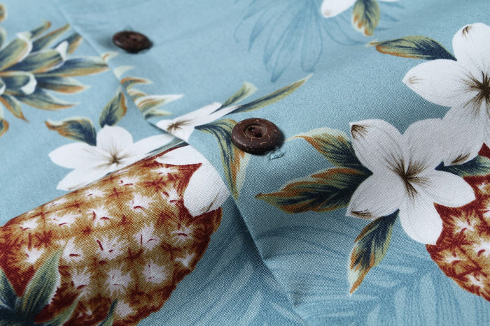 Made in Hawaii Men's Aloha Shirt Golden Pineapple in Vintage Blue