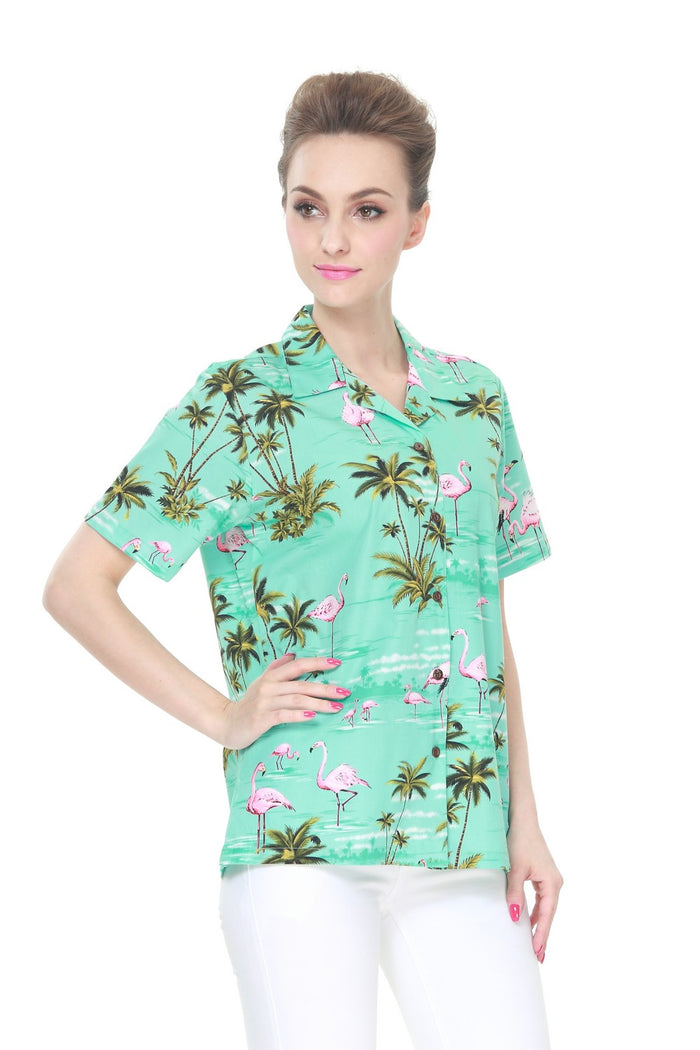 Made in Hawaii Women's Aloha Shirt in Flamingo All Over Turquoise