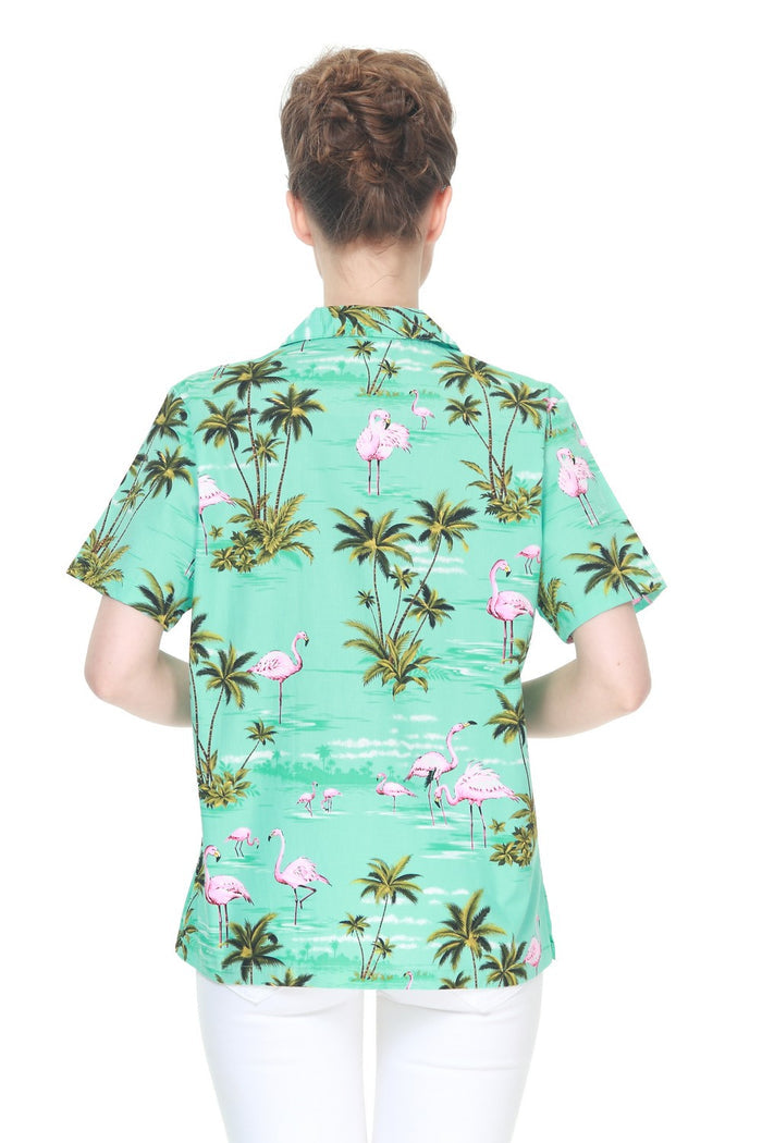 Made in Hawaii Women's Aloha Shirt in Flamingo All Over Turquoise