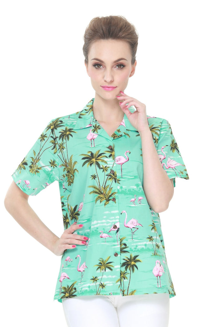 Made in Hawaii Women's Aloha Shirt in Flamingo All Over Turquoise