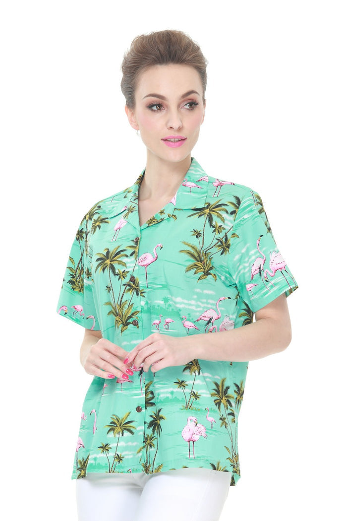 Made in Hawaii Women's Aloha Shirt in Flamingo All Over Turquoise