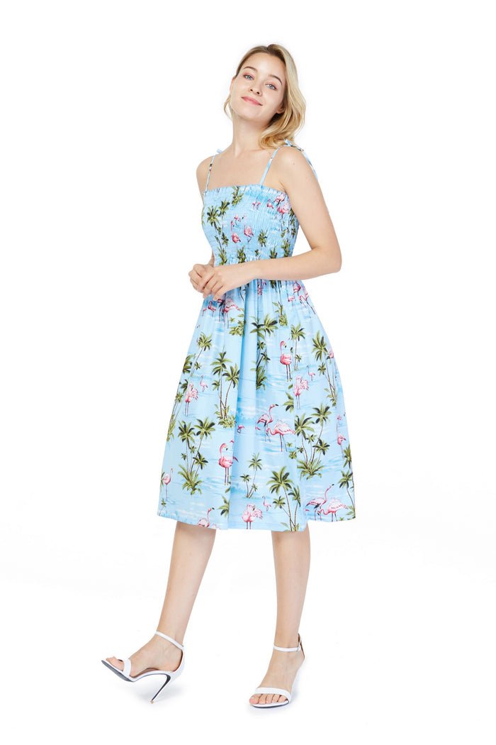 Made in Hawaii Women's Elastic Top  Dress in Flamingo All Over Blue