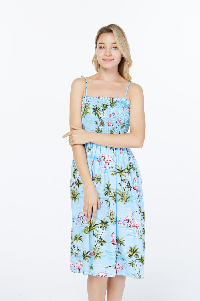 Made in Hawaii Women's Elastic Top  Dress in Flamingo All Over Blue