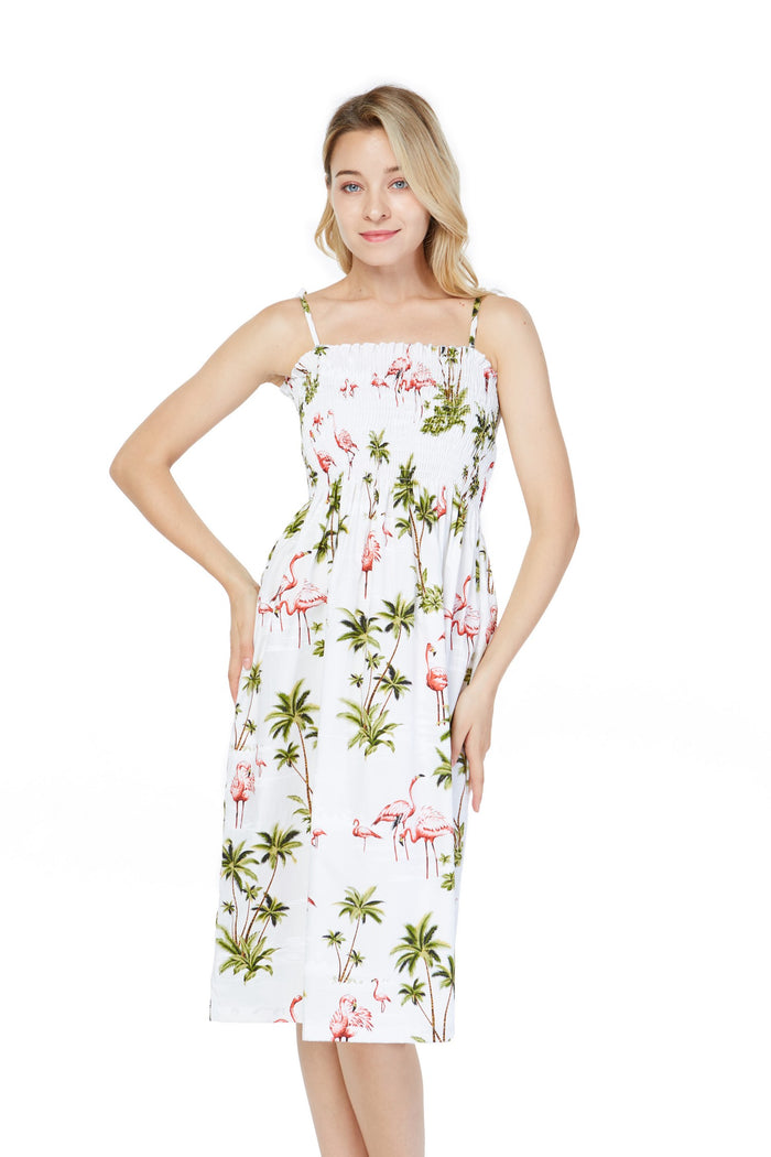 Made in Hawaii Women's Elastic Top  Dress in Flamingo All Over White