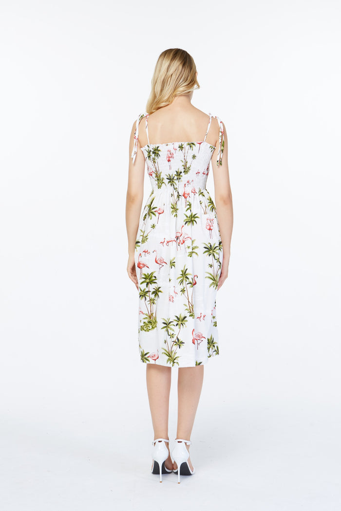 Made in Hawaii Women's Elastic Top  Dress in Flamingo All Over White