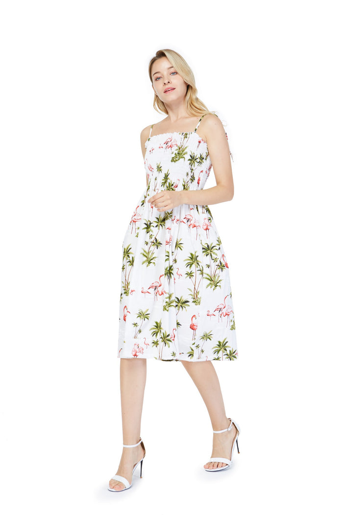 Made in Hawaii Women's Elastic Top  Dress in Flamingo All Over White