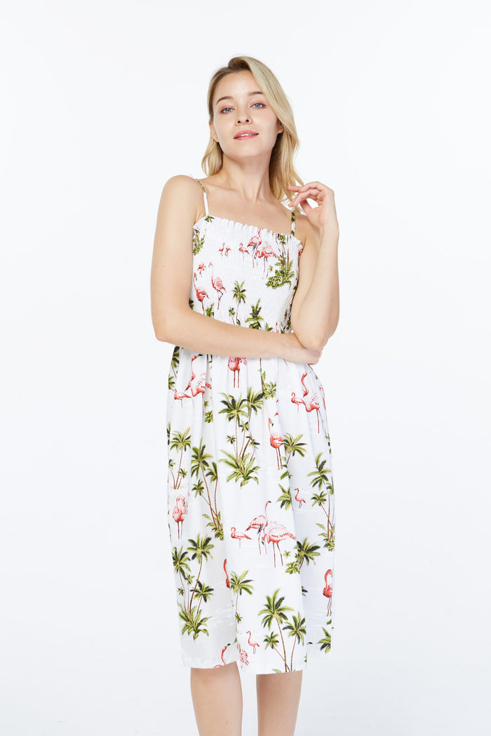 Made in Hawaii Women's Elastic Top  Dress in Flamingo All Over White