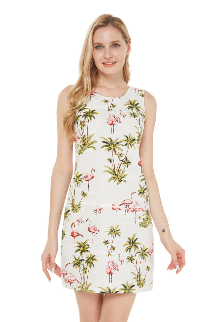 Made in Hawaii Women's Tank Dress Flamingo All Over White