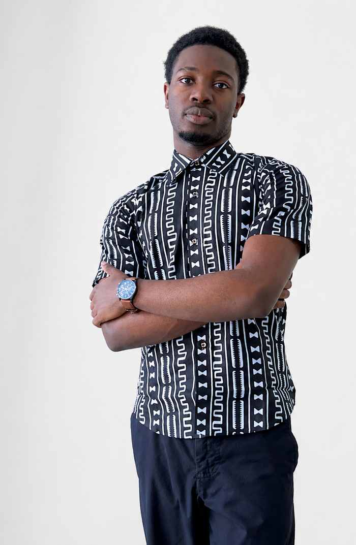 Madu Men's African Shirt in Black and White Ankara African Print