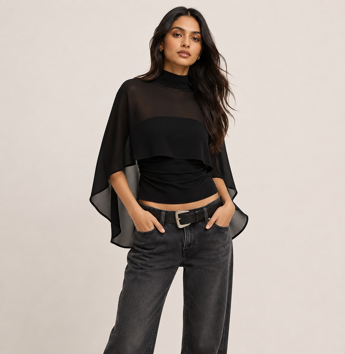 Magica Tube Top with Sheer Cape  - Black