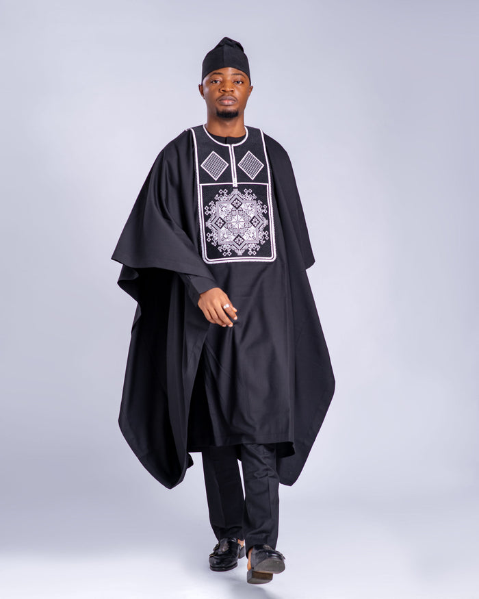 Malik Men’s 3-Piece Embroidered Agbada Set – Black