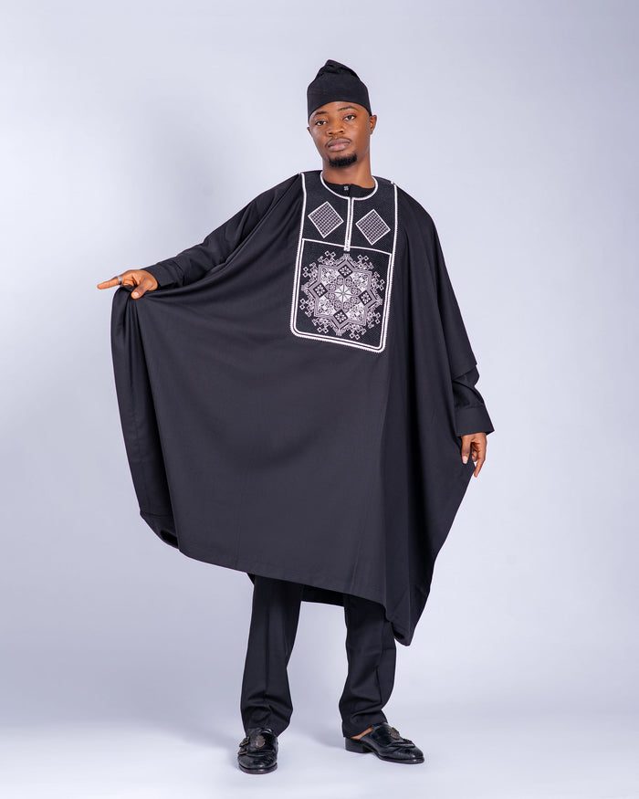 Malik Men’s 3-Piece Embroidered Agbada Set – Black